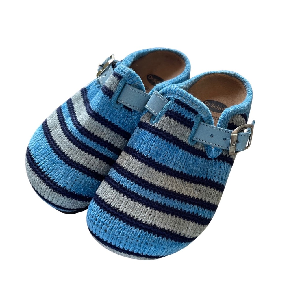 Dr. Scholl Adapta Clogs Kids 30 Blue Striped Cozy Knit Buckle Strap Mules Shoe